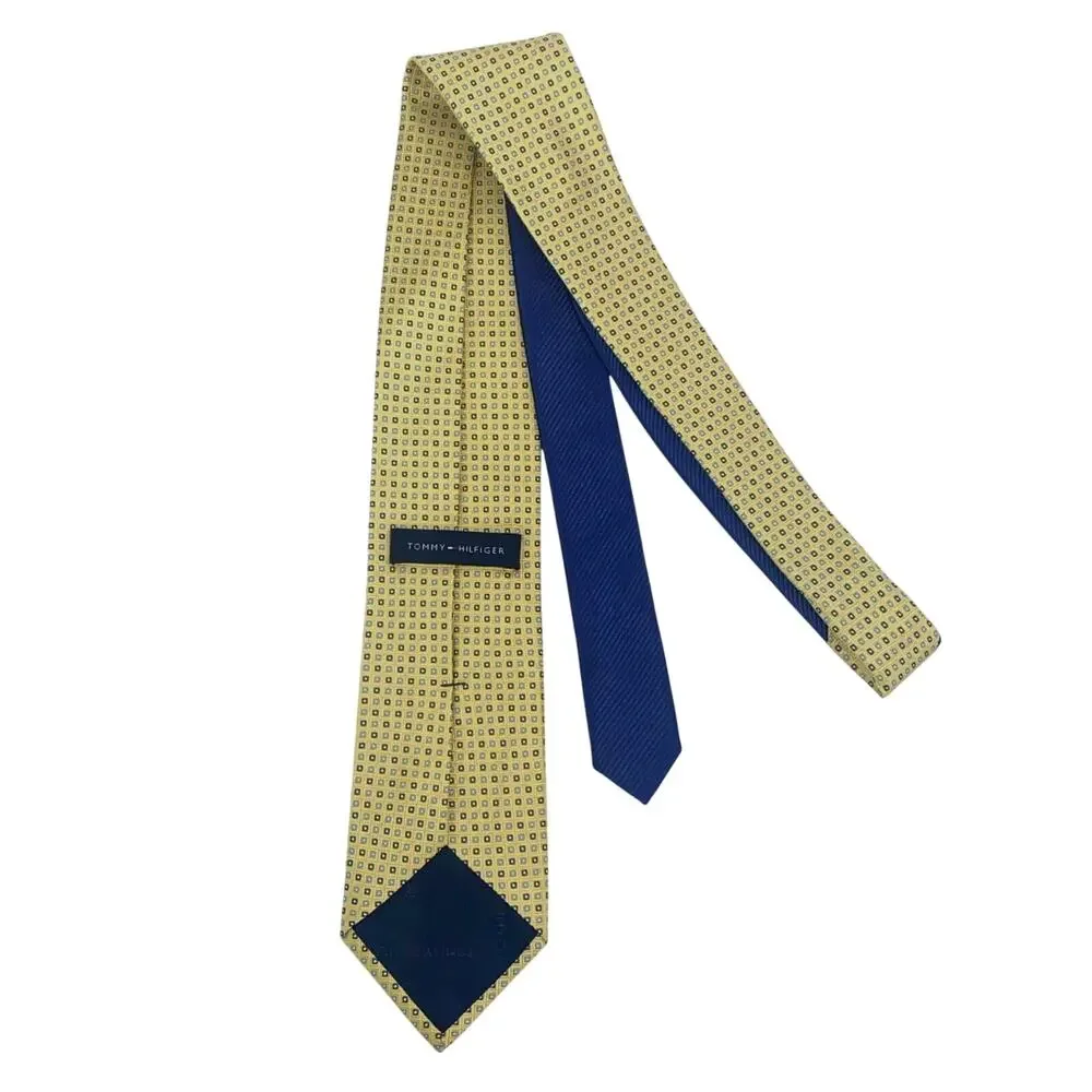Tommy Hilfiger Yellow With Blue Squares 100% Silk Necktie Tie Office Church